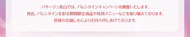 パサージュ青山では、バレンタインキャンペーンを開催いたします。各店、バレンタインを彩る期間限定商品や特別メニューなどを取り揃えております。皆様のお越しを心よりお待ち申しあげております。
